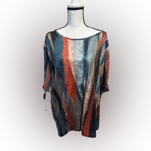 🟧 3 for $30 Colorful Striped T-Shirt With Split Sleeve - Picture 1 of 4